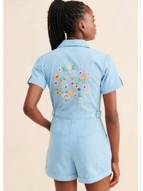 Nuuly x Rue Stiic Blue Denim Cottagecore Floral Embroidered Jumpsuit Size Small